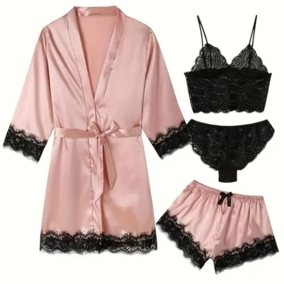 Elegant Pink and Black Lace Sleepwear Set - Picture 5 of 5
